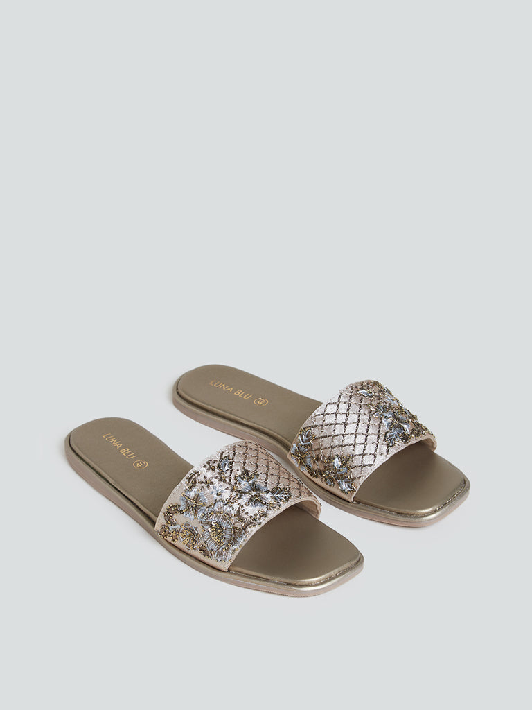 LUNA BLU Gold Embroidered Artisanal Slides